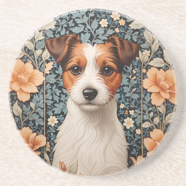 Cute Jack Russell Terrier William Morris Inspired Coaster (Front)