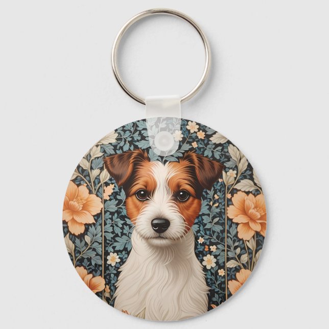 Cute Jack Russell Terrier William Morris Inspired Keychain (Front)