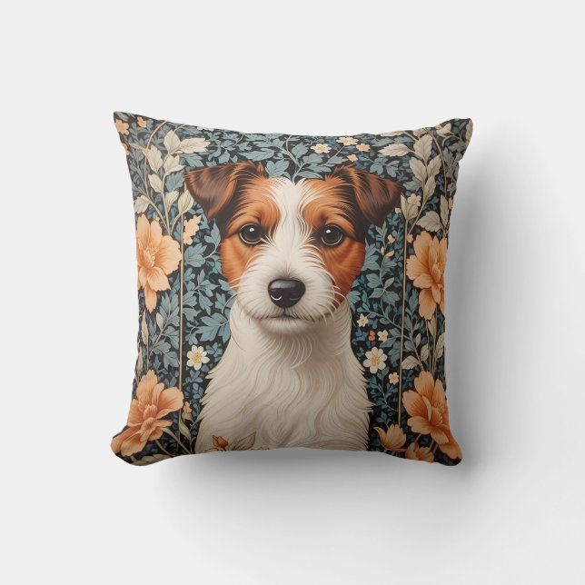 Cute Jack Russell Terrier William Morris Inspired Throw Pillow (Front)