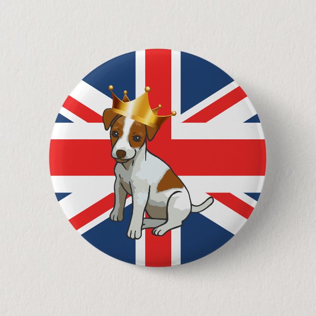 Cute Jack Russell wearing a Crown and Union Jack Button (Front)