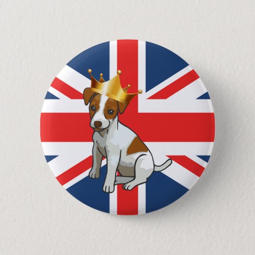 Cute Jack Russell wearing a Crown and Union Jack Button