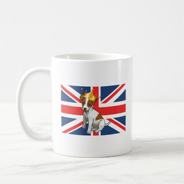 Cute Jack Russell wearing a Crown and Union Jack Coffee Mug (Left)