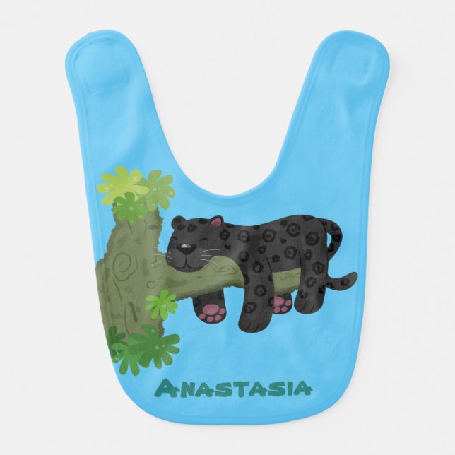 Cute jaguar black panther cat cartoon illustration baby bib (Front)