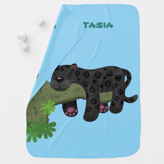 Cute jaguar black panther cat cartoon illustration baby blanket (In Situ)