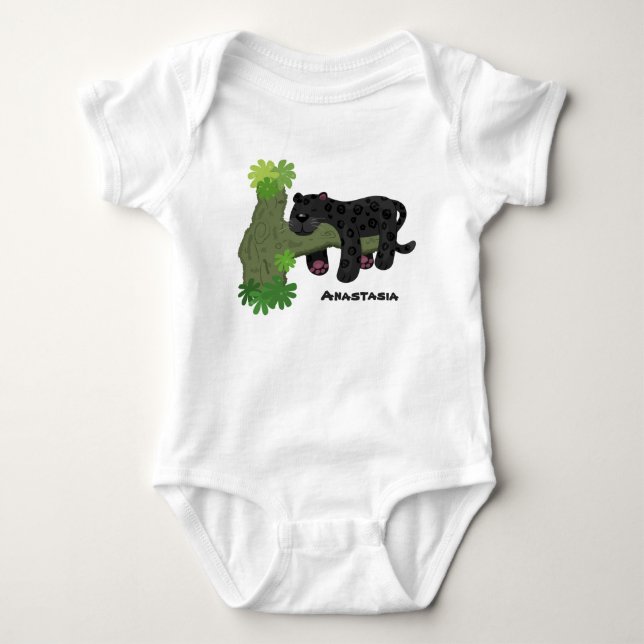Cute jaguar black panther cat cartoon illustration baby bodysuit (Front)