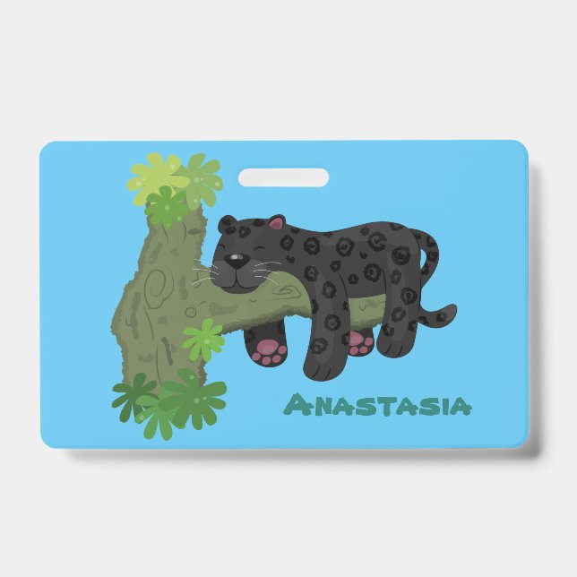 Cute jaguar black panther cat cartoon illustration badge (Front)