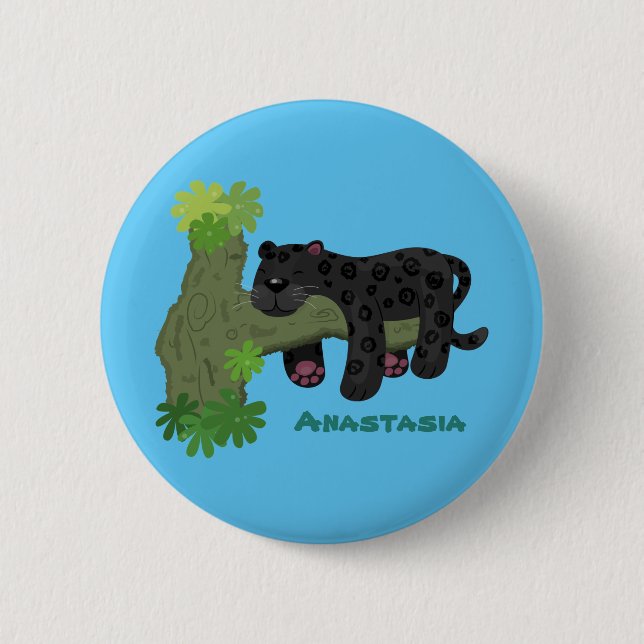 Cute jaguar black panther cat cartoon illustration button (Front)
