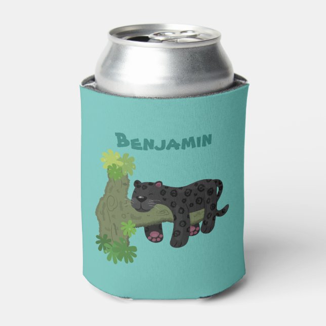 Cute jaguar black panther cat cartoon illustration can cooler (Can Front)