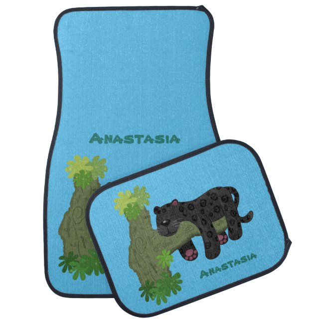 Cute jaguar black panther cat cartoon illustration car floor mat (Set)