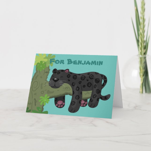 Cute jaguar black panther cat cartoon illustration card (Front)