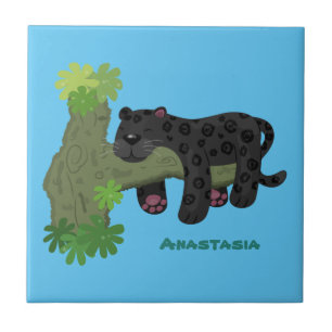 Cute jaguar black panther cat cartoon illustration ceramic tile