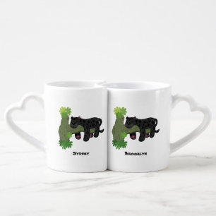 Cute jaguar black panther cat cartoon illustration coffee mug set
