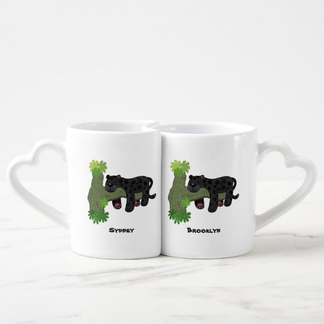 Cute jaguar black panther cat cartoon illustration coffee mug set (Back Nesting)