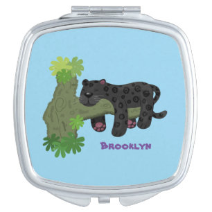 Cute jaguar black panther cat cartoon illustration compact mirror