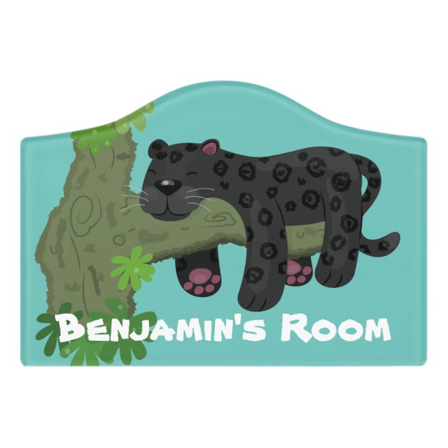 Cute jaguar black panther cat cartoon illustration door sign (Small Crest Front)
