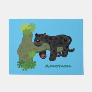 Cute jaguar black panther cat cartoon illustration doormat