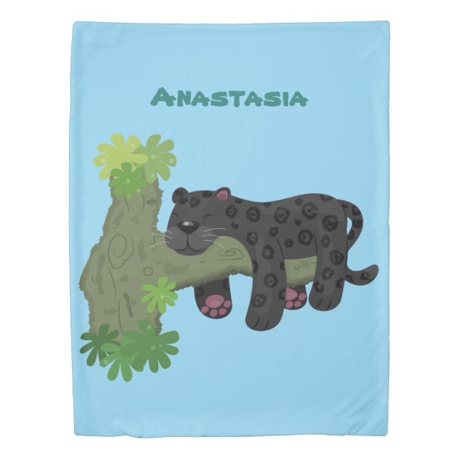 Cute jaguar black panther cat cartoon illustration duvet cover (Front)