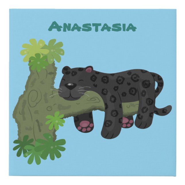 Cute jaguar black panther cat cartoon illustration faux canvas print (Front)