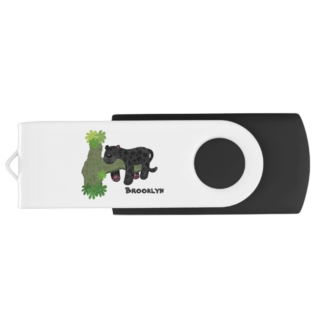 Cute jaguar black panther cat cartoon illustration flash drive (Back)
