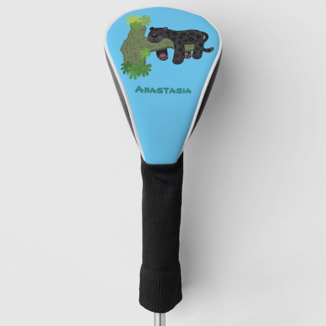 Cute jaguar black panther cat cartoon illustration golf head cover (Front)