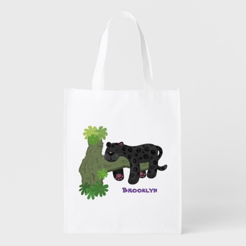 Cute jaguar black panther cat cartoon illustration grocery bag