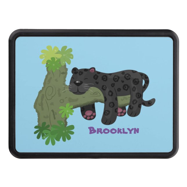 Cute jaguar black panther cat cartoon illustration hitch cover (Front)