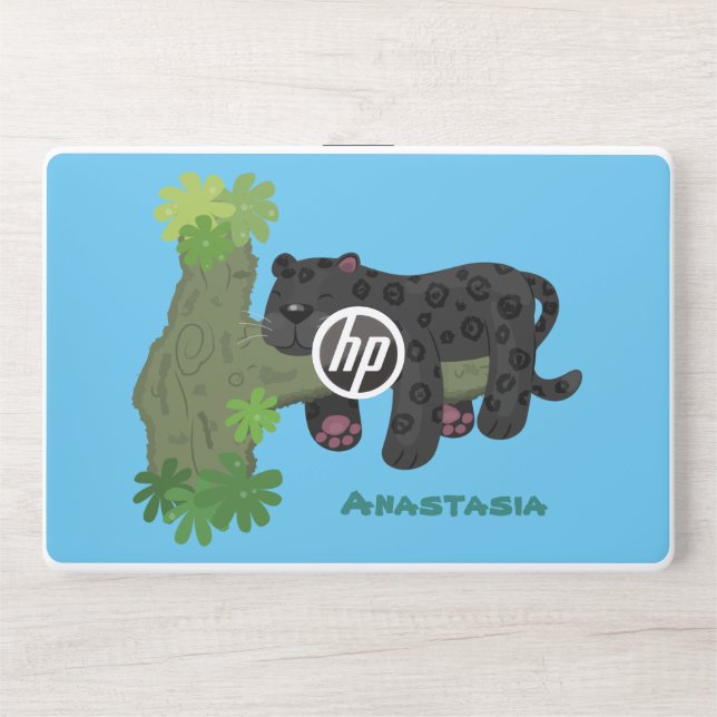 Cute jaguar black panther cat cartoon illustration HP laptop skin (Front)