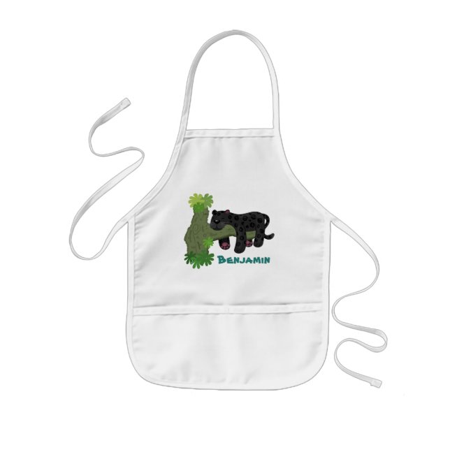Cute jaguar black panther cat cartoon illustration kids' apron (Front)