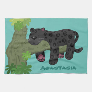 Cute jaguar black panther cat cartoon illustration kitchen towel