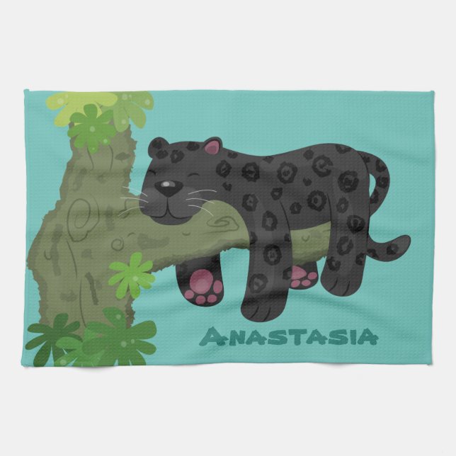 Cute jaguar black panther cat cartoon illustration kitchen towel (Horizontal)