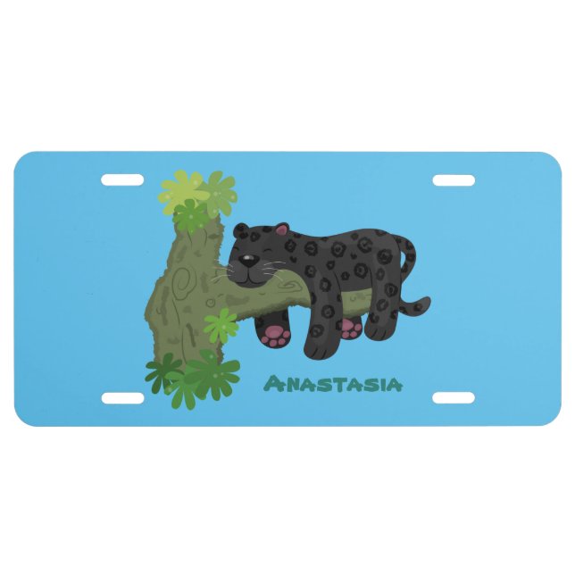 Cute jaguar black panther cat cartoon illustration license plate (Front)