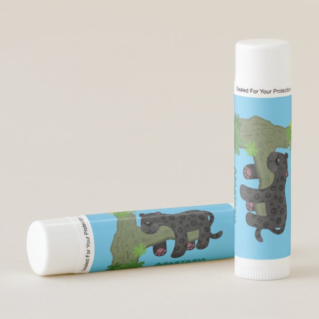 Cute jaguar black panther cat cartoon illustration lip balm (Front)