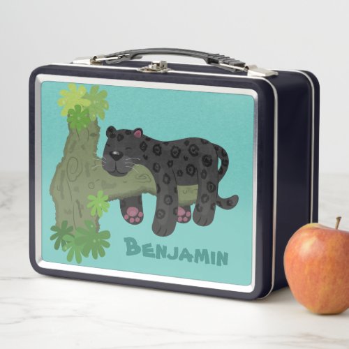 Cute jaguar black panther cat cartoon illustration metal lunch box