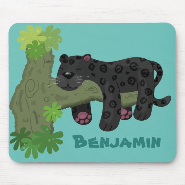 Cute jaguar black panther cat cartoon illustration mouse pad (Front)