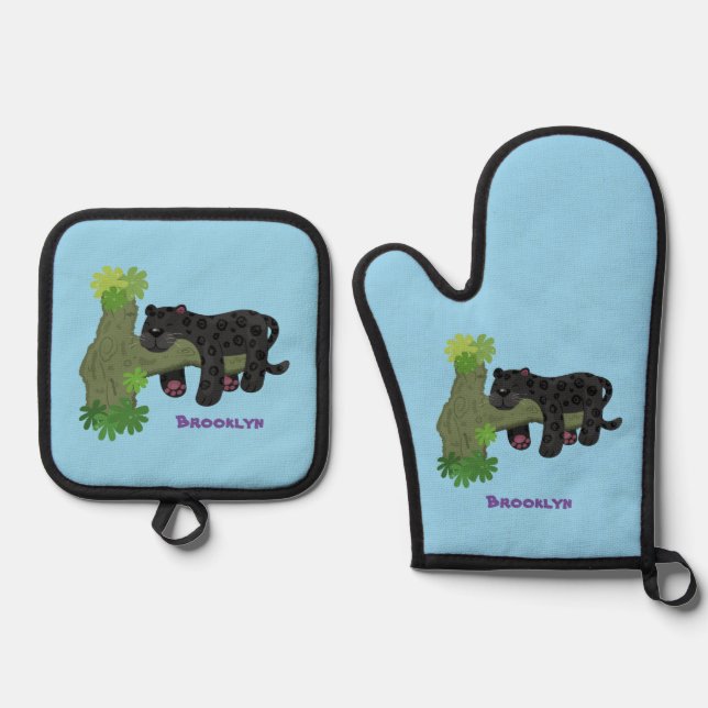 Cute jaguar black panther cat cartoon illustration oven mitt & pot holder set (Front)