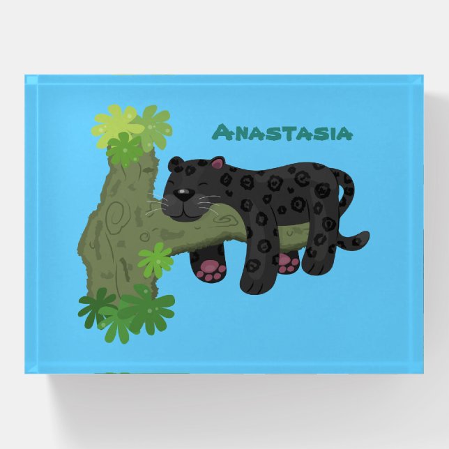 Cute jaguar black panther cat cartoon illustration paperweight (Front)