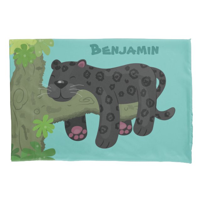Cute jaguar black panther cat cartoon illustration pillow case (Front)