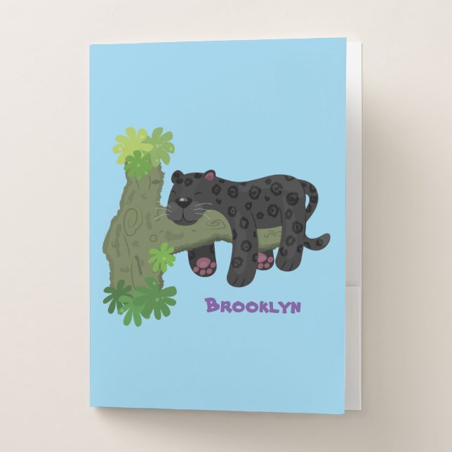 Cute jaguar black panther cat cartoon illustration pocket folder (Front)