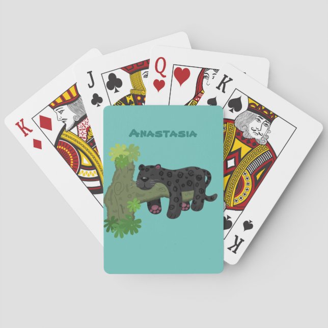 Cute jaguar black panther cat cartoon illustration poker cards (Back)