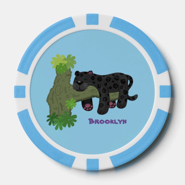 Cute jaguar black panther cat cartoon illustration poker chips (Front)