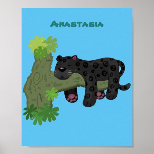 Cute jaguar black panther cat cartoon illustration poster