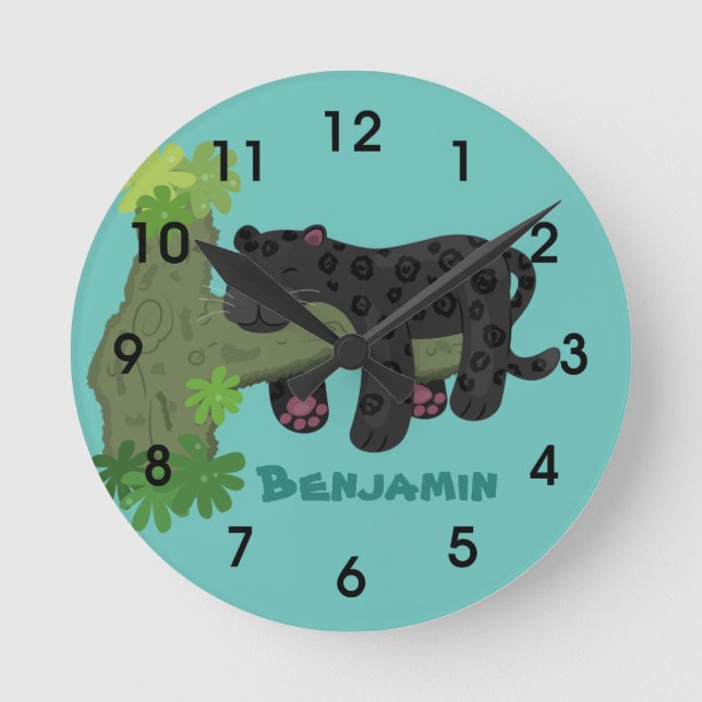 Cute jaguar black panther cat cartoon illustration round clock (Front)
