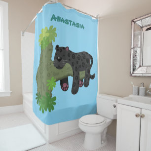 Cute jaguar black panther cat cartoon illustration shower curtain