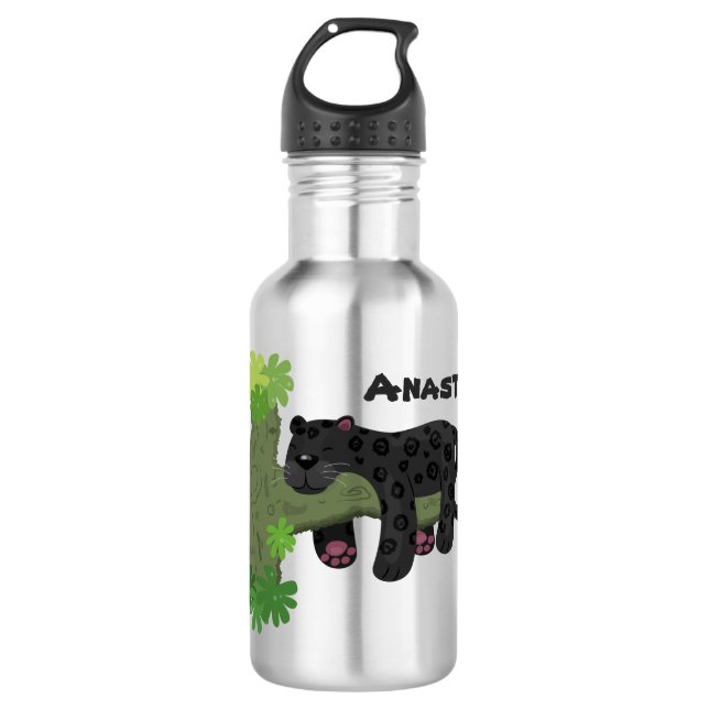 Cute jaguar black panther cat cartoon illustration stainless steel water bottle (Front)
