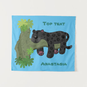 Cute jaguar black panther cat cartoon illustration tapestry