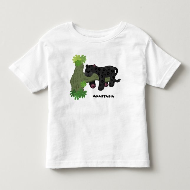 Cute jaguar black panther cat cartoon illustration toddler t-shirt (Front)