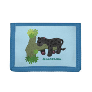Cute jaguar black panther cat cartoon illustration tri-fold wallet