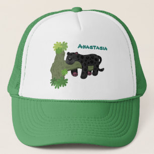 Cute jaguar black panther cat cartoon illustration trucker hat