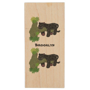 Cute jaguar black panther cat cartoon illustration wood flash drive