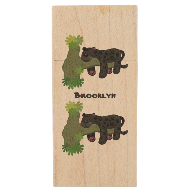 Cute jaguar black panther cat cartoon illustration wood flash drive (Front Vertical)
